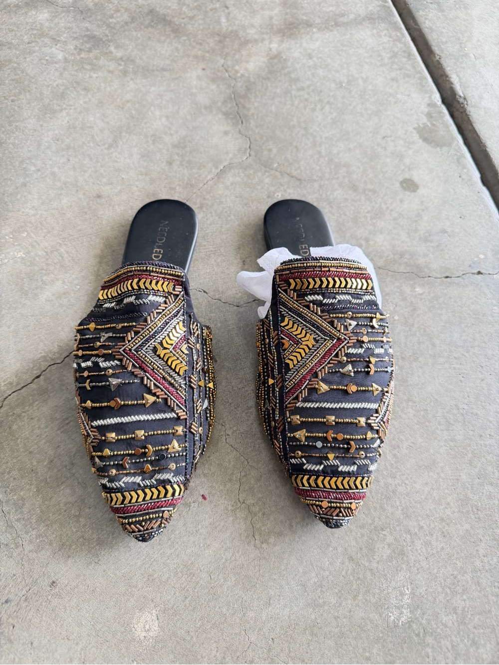 Beaded Embroidered Black Pointed Mules with Gold & Red Accents - Women
